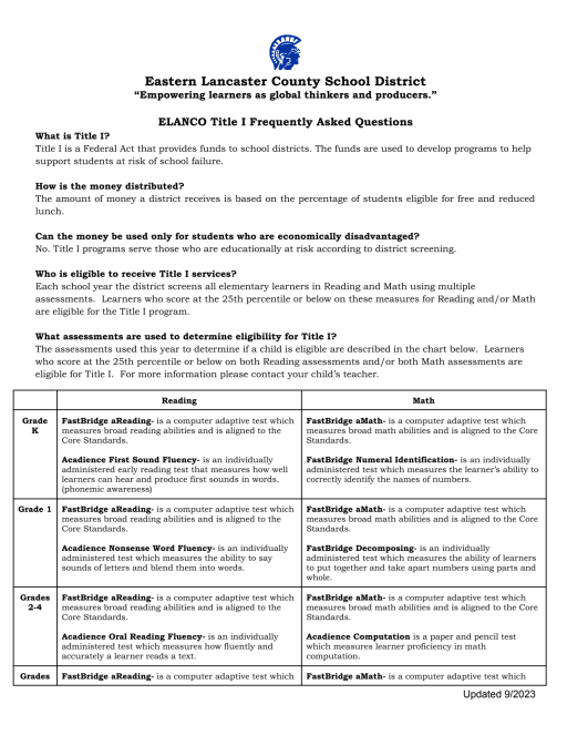 Title I Services - Eastern Lancaster County School District