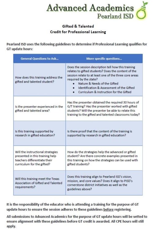 GT Professional Learning Credit Request - Pearland Independent School  District