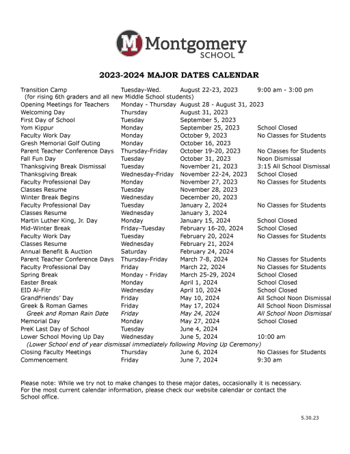 Calendars - Montgomery School 2020