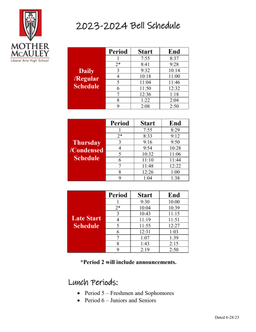 School Bell Schedule | Mother McAuley