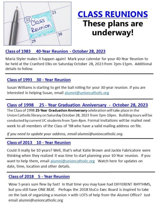Reunions - Union Catholic Regional High School