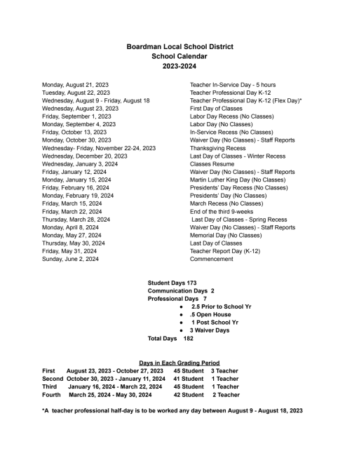 SCHOOL CALENDAR - Boardman Local School District