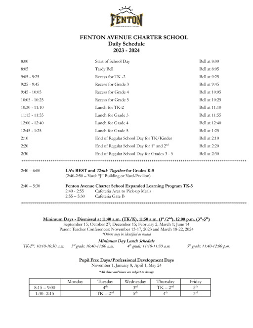Calendars and Schedules - FENTON AVE CHARTER SCHOOL