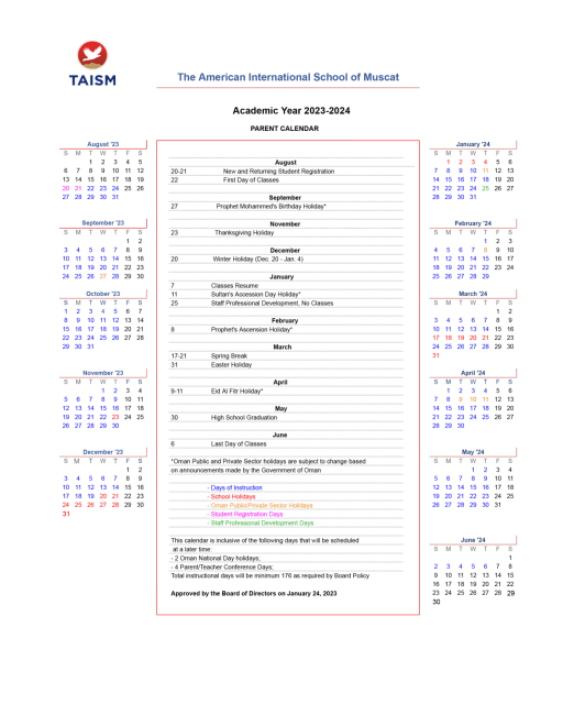 Parent Calendar | TAISM