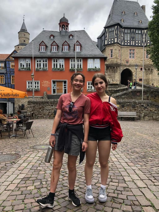 A photo of Meret and her delegation mate, Paige, in a small town in Germany