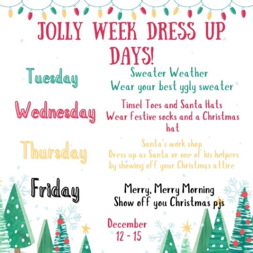 white christmas dresses Christmas School Spirit Week Itinerary Schedule — TidyLady Printables main image 0