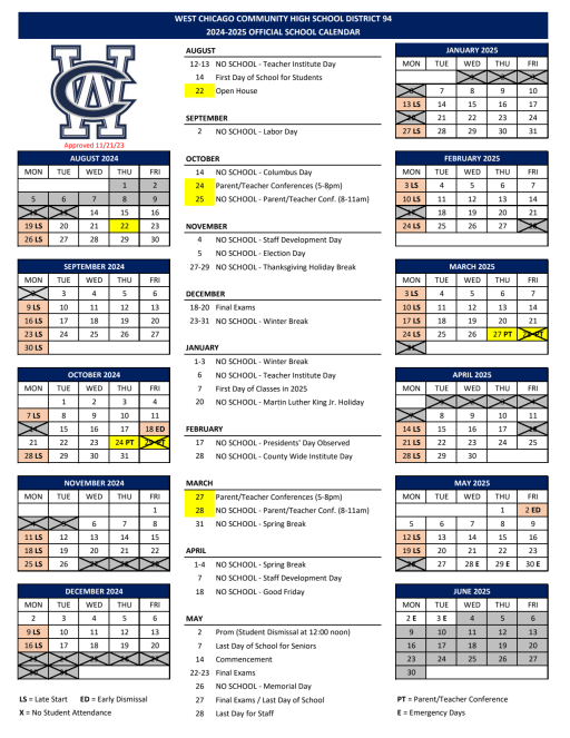 2024-2025 Official School Calendar - West Chicago Community High School