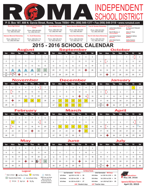 2015-2016 Academic Calendar - Roma Independent School District