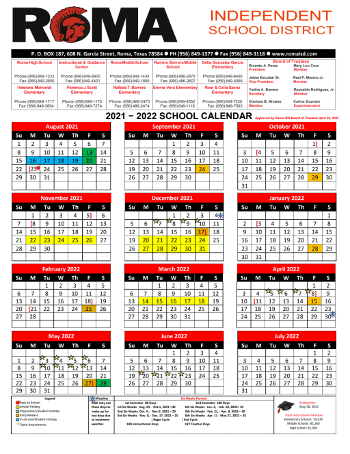 2021-2022 Academic Calendar - Roma Independent School District