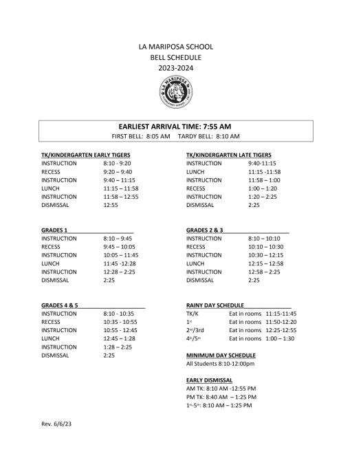 Bell Schedule - La Mariposa Elementary School