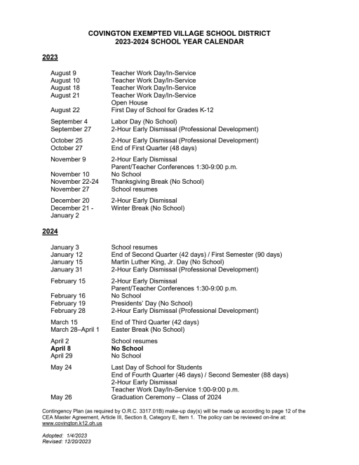 Academic Calendars - Covington Exempted Village School District