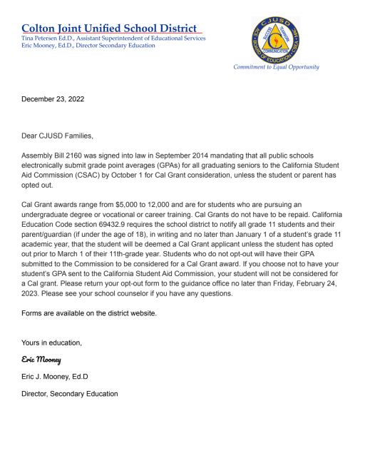 CAL GRANT GPA OPT-OUT NOTIFICATION LETTER - Colton Joint Unified 