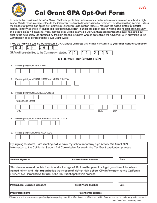 CAL GRANT OPT-OUT FORM (ENGLISH) - Colton Joint Unified School 