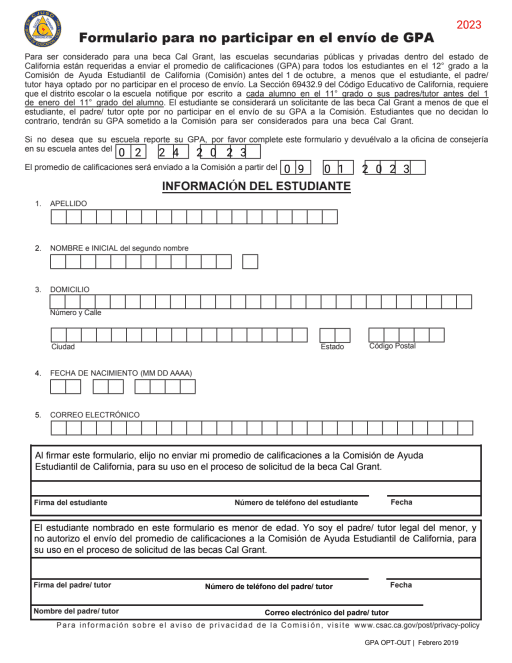 CAL GRANT OPT-OUT FORM SPANISH - Colton Joint Unified School District