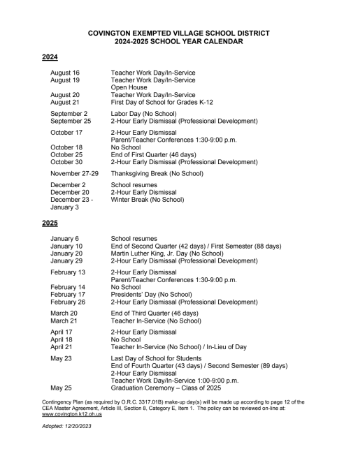 Academic Calendars - Covington Exempted Village School District