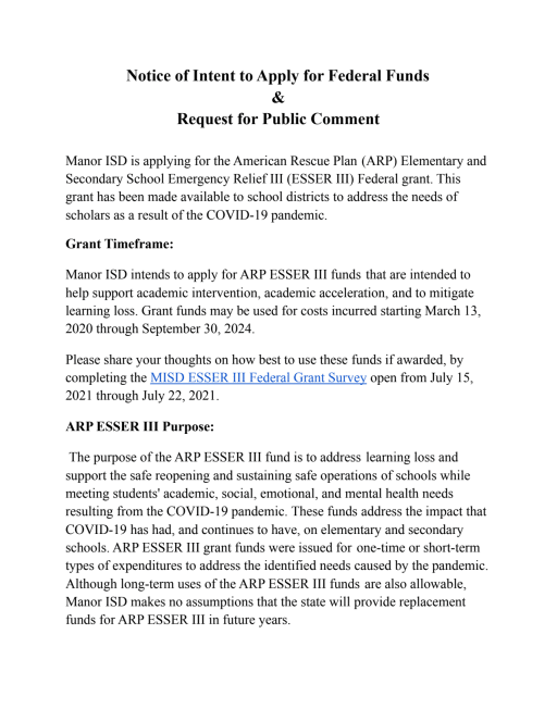 Notice of Intent to Apply for Federal Funds - Manor Independent 