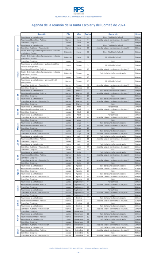 School Board and Committee Meeting Calendar - Richmond Public Schools