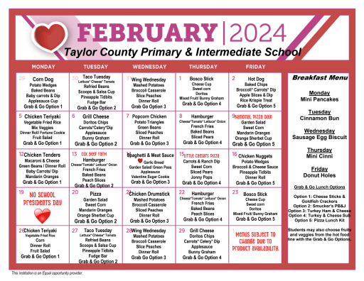 School Menu - Taylor County Primary Center