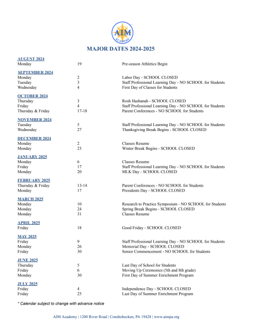 Calendar -AIM Academy