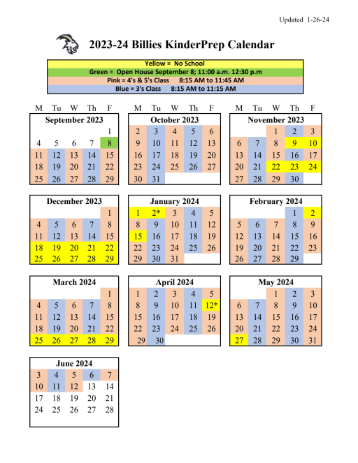 Billies KinderPrep Calendar - Pleasant Hill School District