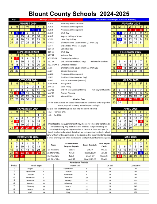Blount County School Calendar 2025-2025