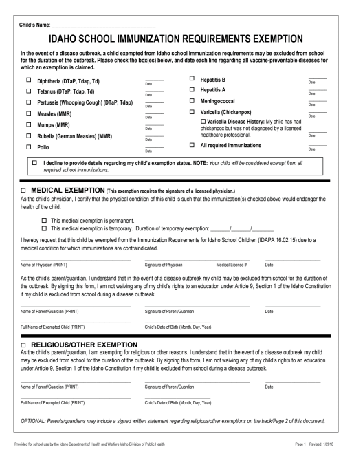 Idaho Certificate of Immunization Exemption (English) - Middleton 