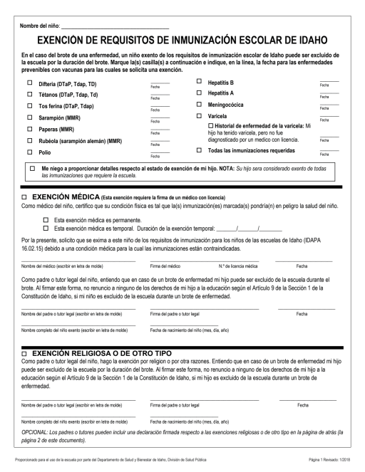 Idaho Certificate of Immunization Exemption (Spanish) - Middleton 
