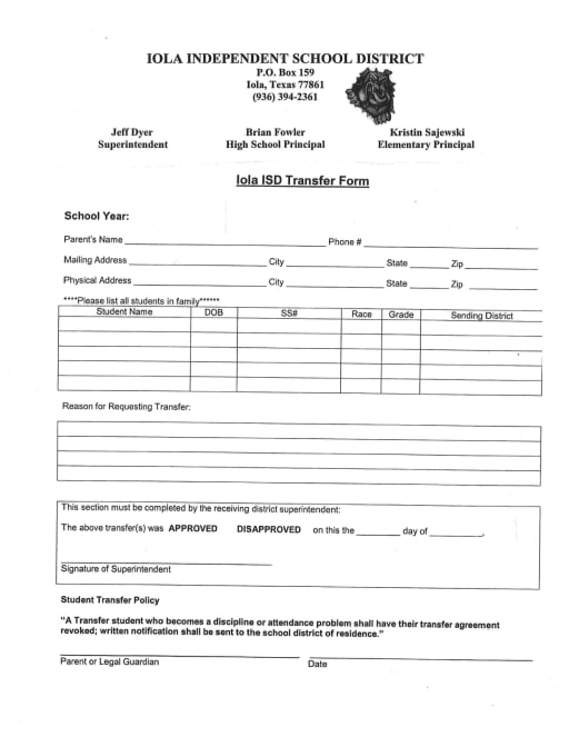 Student Transfer Request - Iola ISD