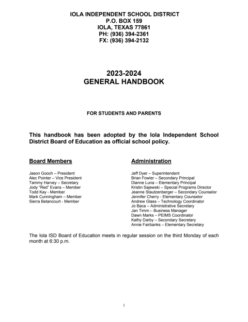 2023-2024 Student Handbook - Iola ISD