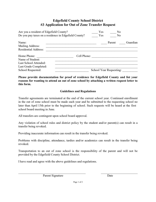Out of Zone Transfer Request Form - Edgefield County School District