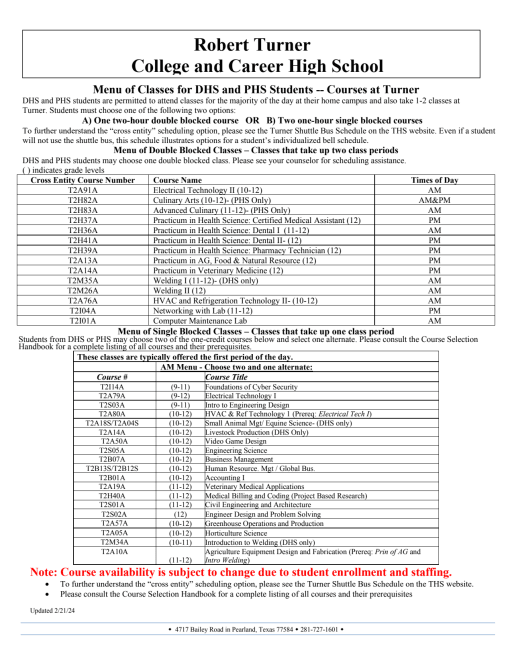 Turner Menu of Classes - Pearland High School