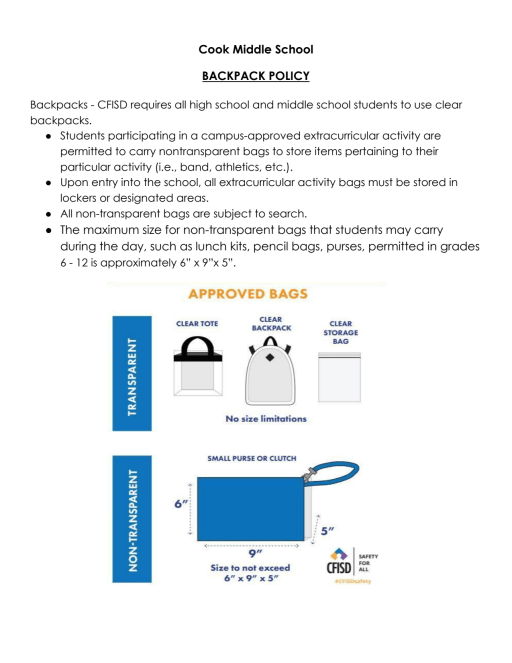 Cy fair isd backpack policy hot sale