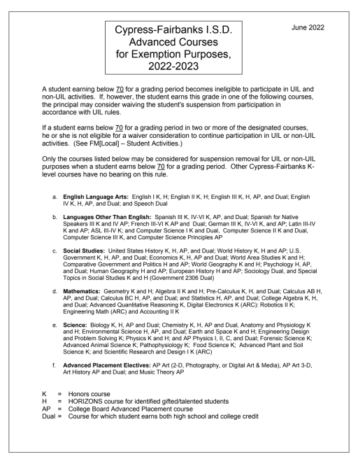 Advanced Courses for Exemption Purposes - Cypress Fairbanks ISD