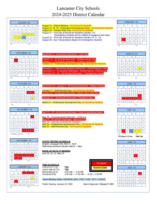 NEXT SCHOOL YEAR (2024-2025) District Calendar - Lancaster City Schools NEXT SCHOOL YEAR (2024-2025) District Calendar - Lancaster City Schools