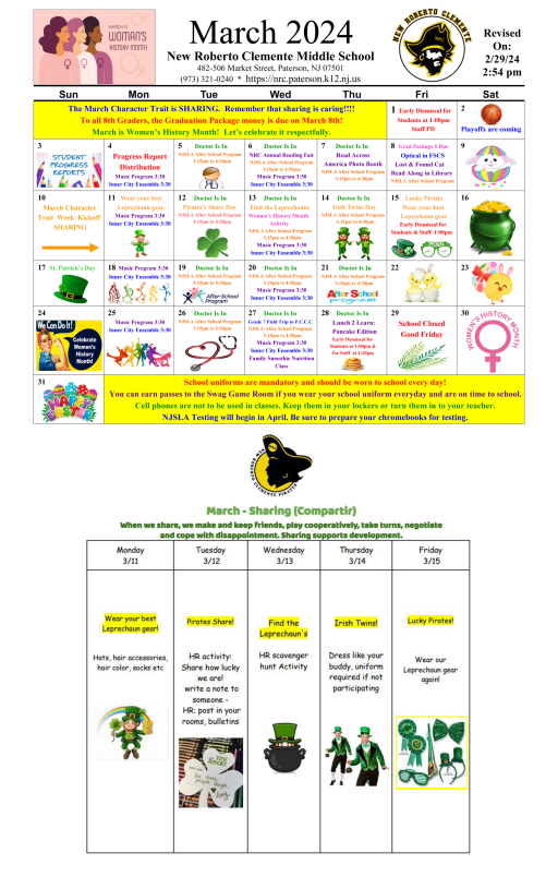 NRC Monthly School Calendar - New Roberto Clemente School