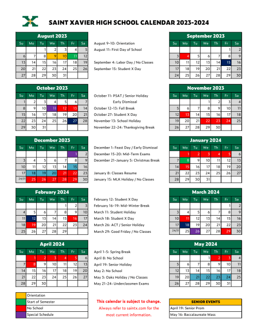 School Calendar | Louisville Catholic Schools | Saint Xavier High School Calendar - St. X