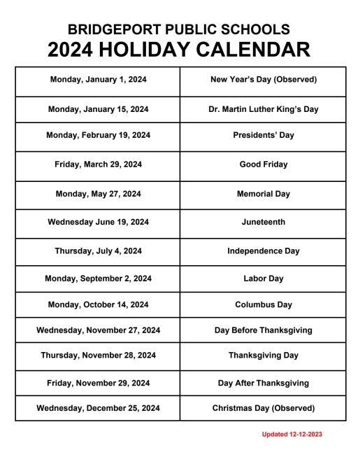 2024 Holiday Calendar - Bridgeport Public Schools