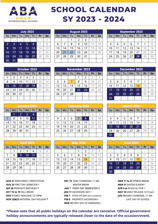 Events Calendar - ABA Oman International School