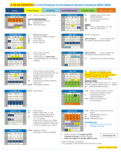 School Calendar | French Immersion School | Le Lycée