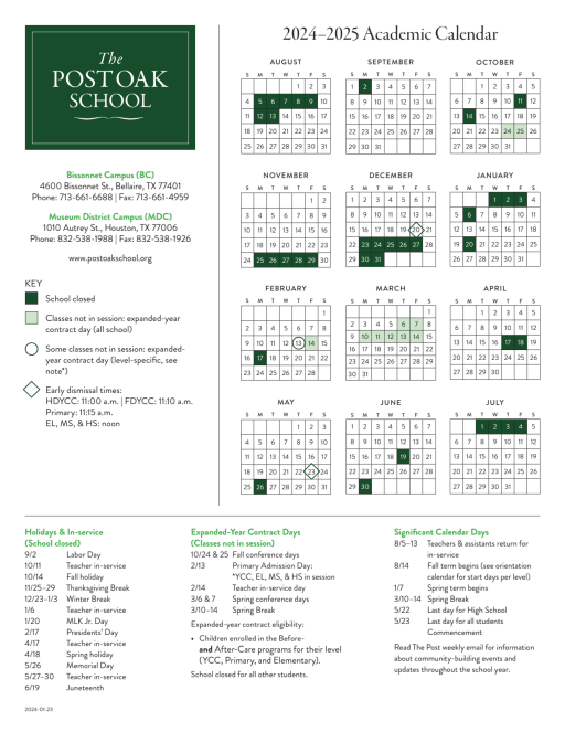 School Calendar | The Post Oak School in Houston, TX
