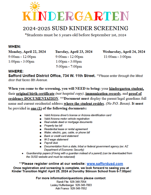 Kindergarten Registration - Safford Unified School District 1