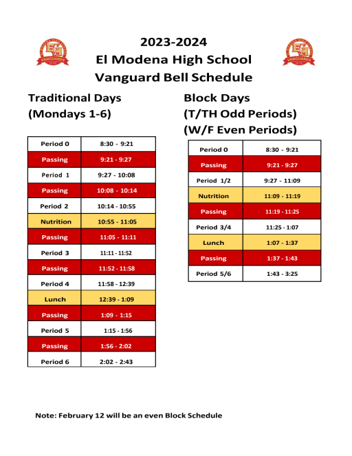 Bell Schedule - El Modena High School