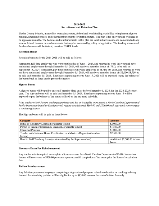 Recruitment &amp; Retention Plan - Bladen County Schools