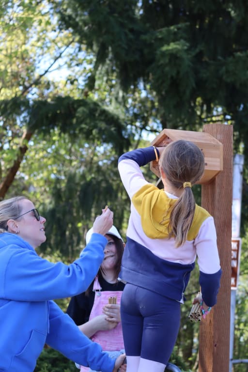 Students and adult adding nesting tubes to a bee house