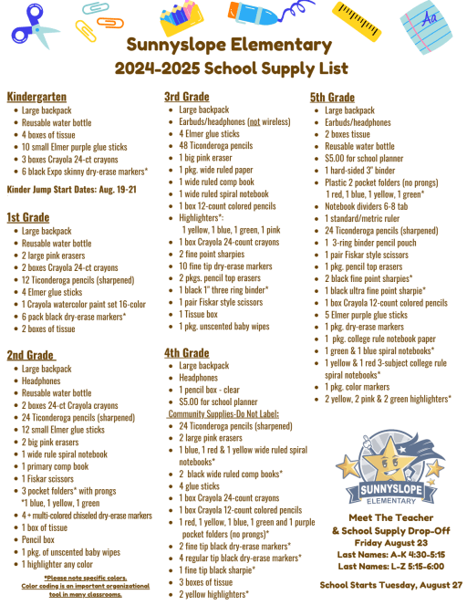 School Supply Lists Sunnyslope Elementary School