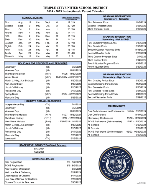 Temple City Unified School District Calendar 2025 26 David Neumayer