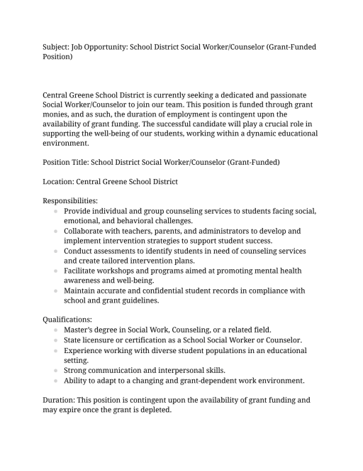 District Social Worker/Counselor (Grant-Funded Position)