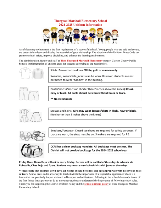 Student Dress Code Thurgood Marshall Elementary School
