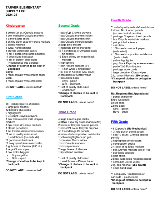 Supply List Tarver Elementary School
