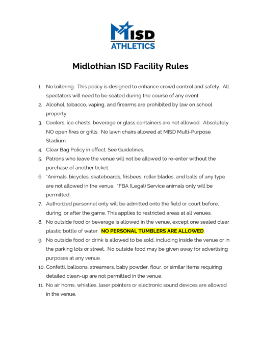 Clear Bag Policy and Venue Guidelines - Midlothian School District